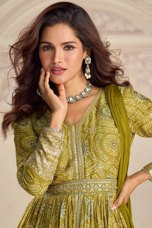 Green Embroidered Chinon Silk Suit