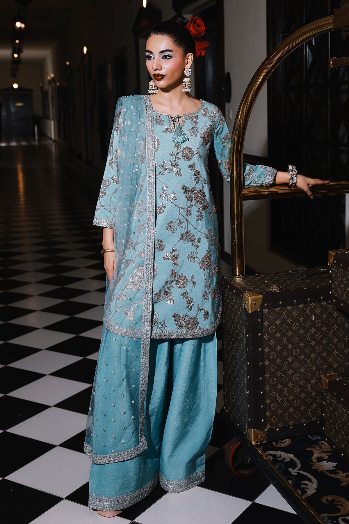 3-PC Embroidered Raw-Silk Suit by Charizma