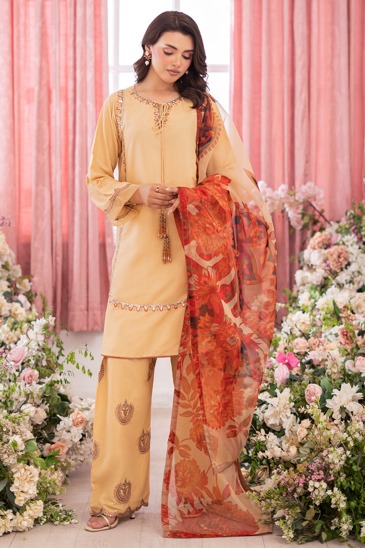 3-PC Embroidered Raw-Silk Suit by Charizma