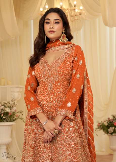 Orange Georgette Embroidered Anarkali Suit Set
