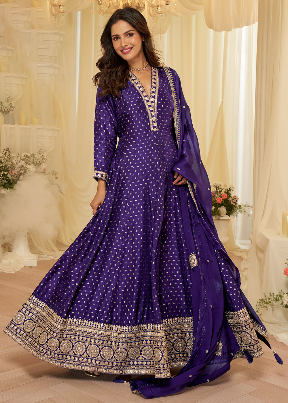 Violet Viscose Jacquard Silk With Embroidery Work Anarkali Suit