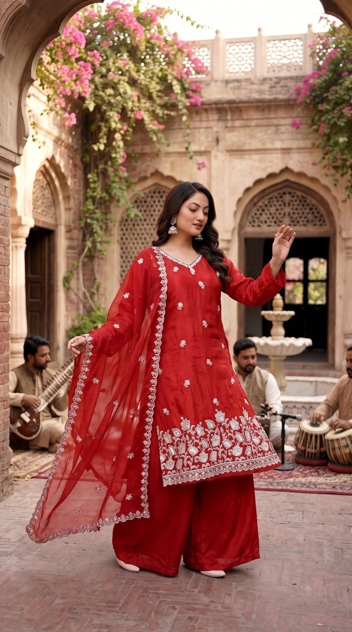 Ruby red silk embroidered kurta palazzo set with dupatta - Delhi Boutique