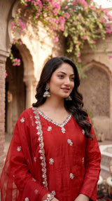 Ruby red silk kurta silver sequin V-neck close-up - Delhi Boutique