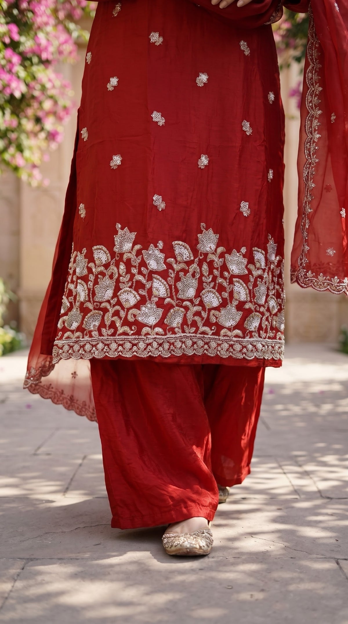 Ruby red silk kurta silver floral embroidered hem and palazzo - Delhi Boutique