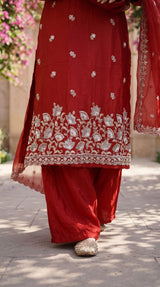 Ruby red silk kurta silver floral embroidered hem and palazzo - Delhi Boutique