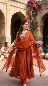 Rust Orange Embroidered Kurta Set - Delhi Boutique