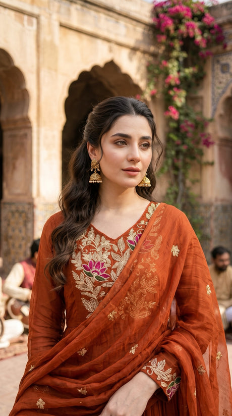 Rust Orange Kurta Set embroidery close-up