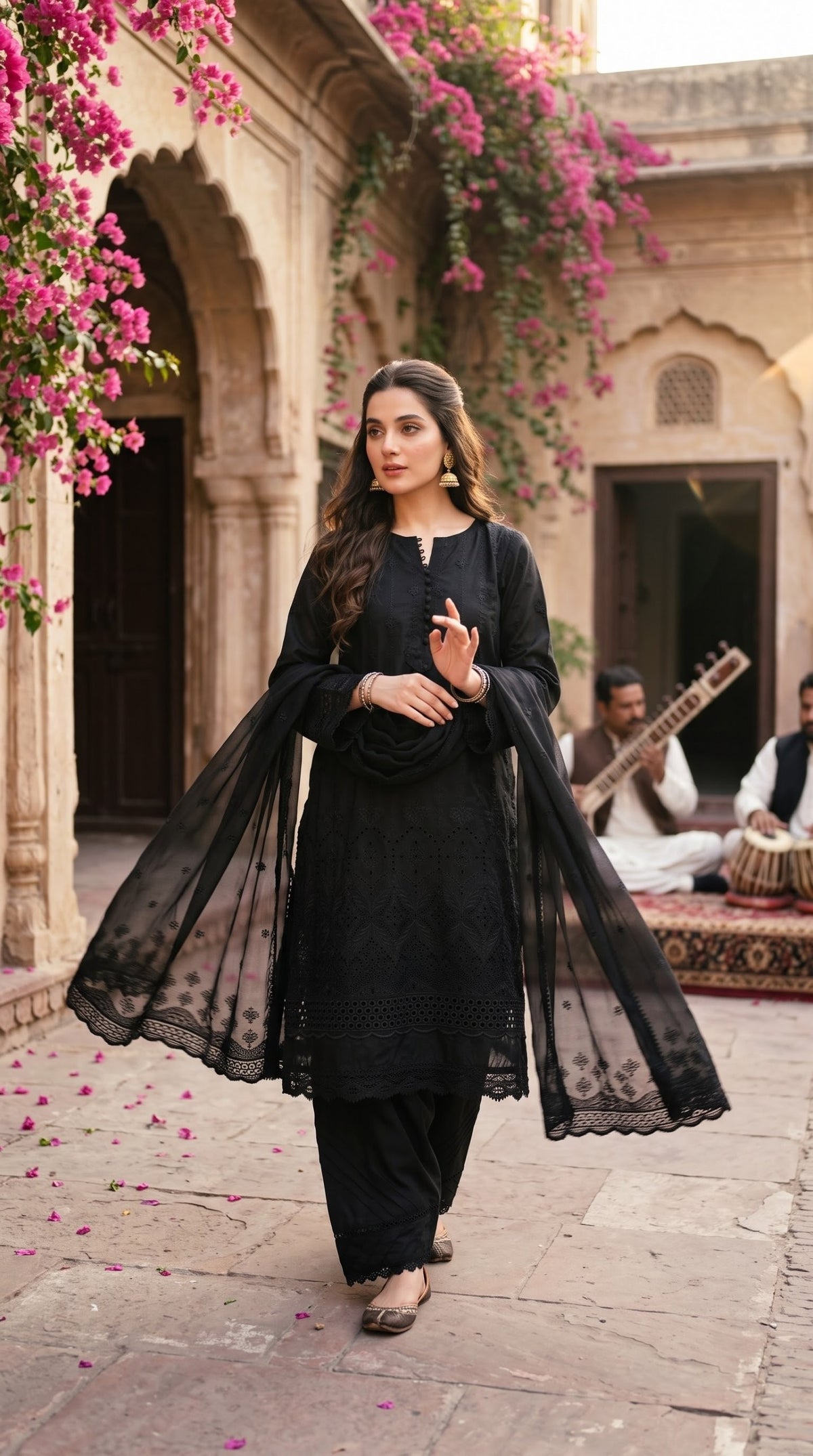 Sadabahar Silk Chikankari Black - Front