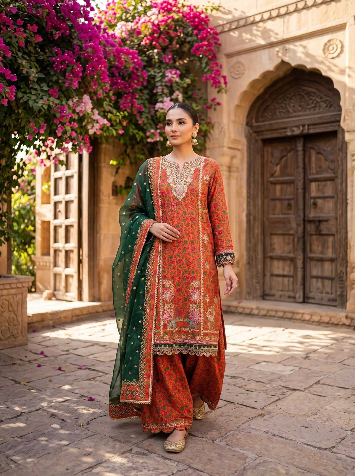 Sapphire Boutique Embroidered Raw Silk Suit Rust - Front
