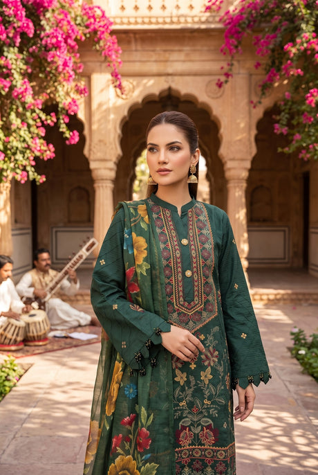 Sapphire Emerald Green Embroidered 3 Piece - Close Up