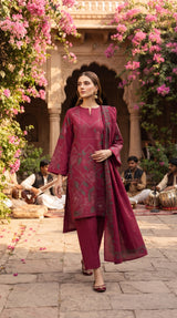 Sapphire fuchsia embroidered cotton jacquard 3 piece suit