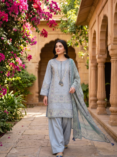 Sapphire Signature Ice Blue Embroidered Cotton Jacquard 3 Piece with Farshi Salwar - Full Front