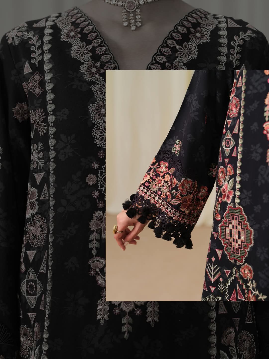 Sapphire Luxe Black Embroidered Twill Suit - Embroidery Details