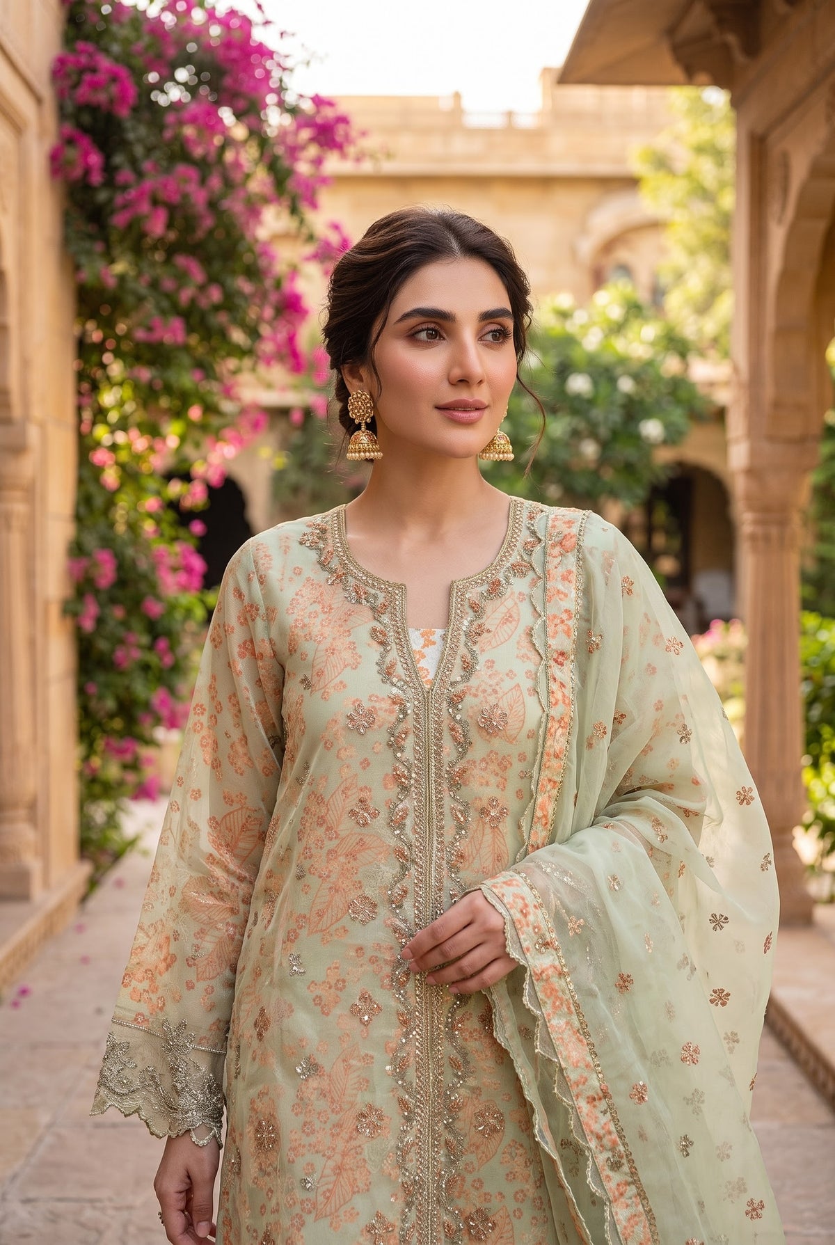 Sapphire Luxe Embroidered Organza Suit Pistachio - Close-up
