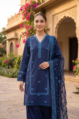 Sapphire Navy Blue Embroidered Cotton Karandi 3 Piece with Farshi Salwar - Close Up