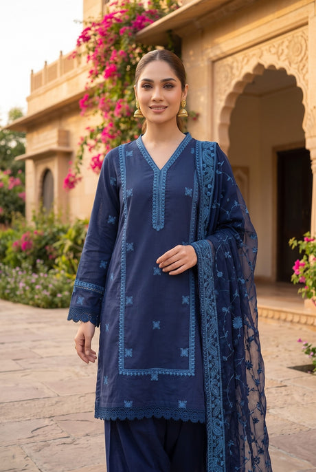 Sapphire Navy Blue Embroidered Cotton Karandi 3 Piece with Farshi Salwar - Close Up