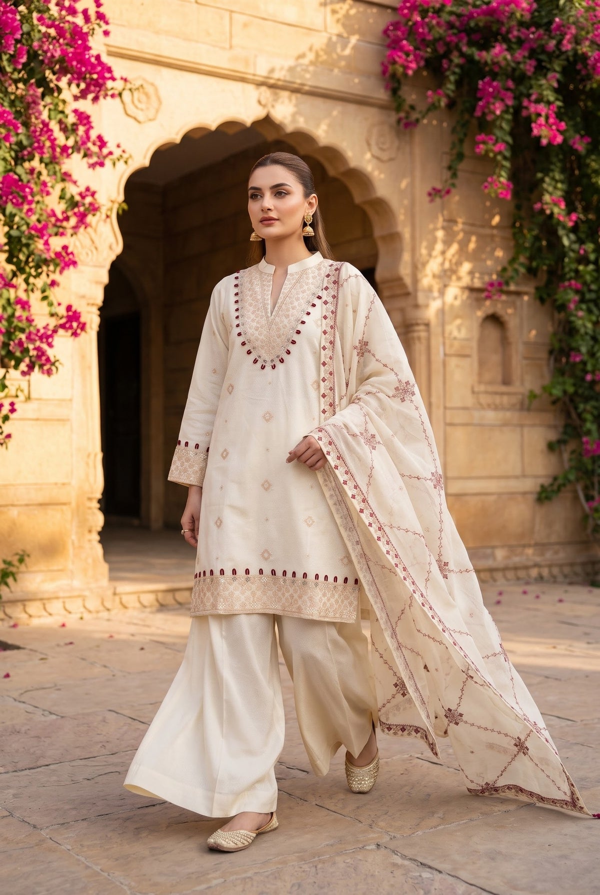 Sapphire Statement Ivory Embroidered Cotton Karandi 3 Piece - Full Front