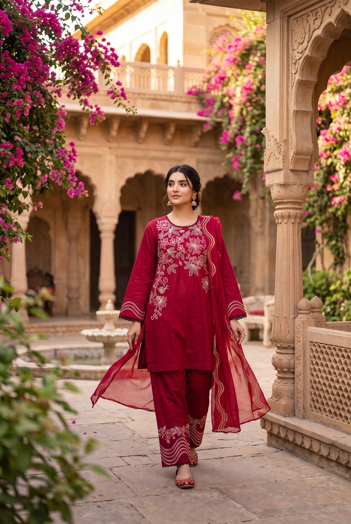 Sapphire Statement Embroidered Cotton Jacquard Suit Maroon - Front