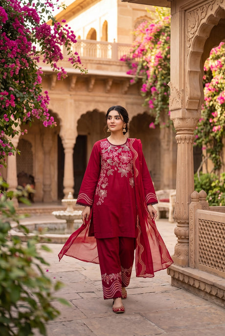 Sapphire Statement Embroidered Cotton Jacquard Suit Maroon - Front