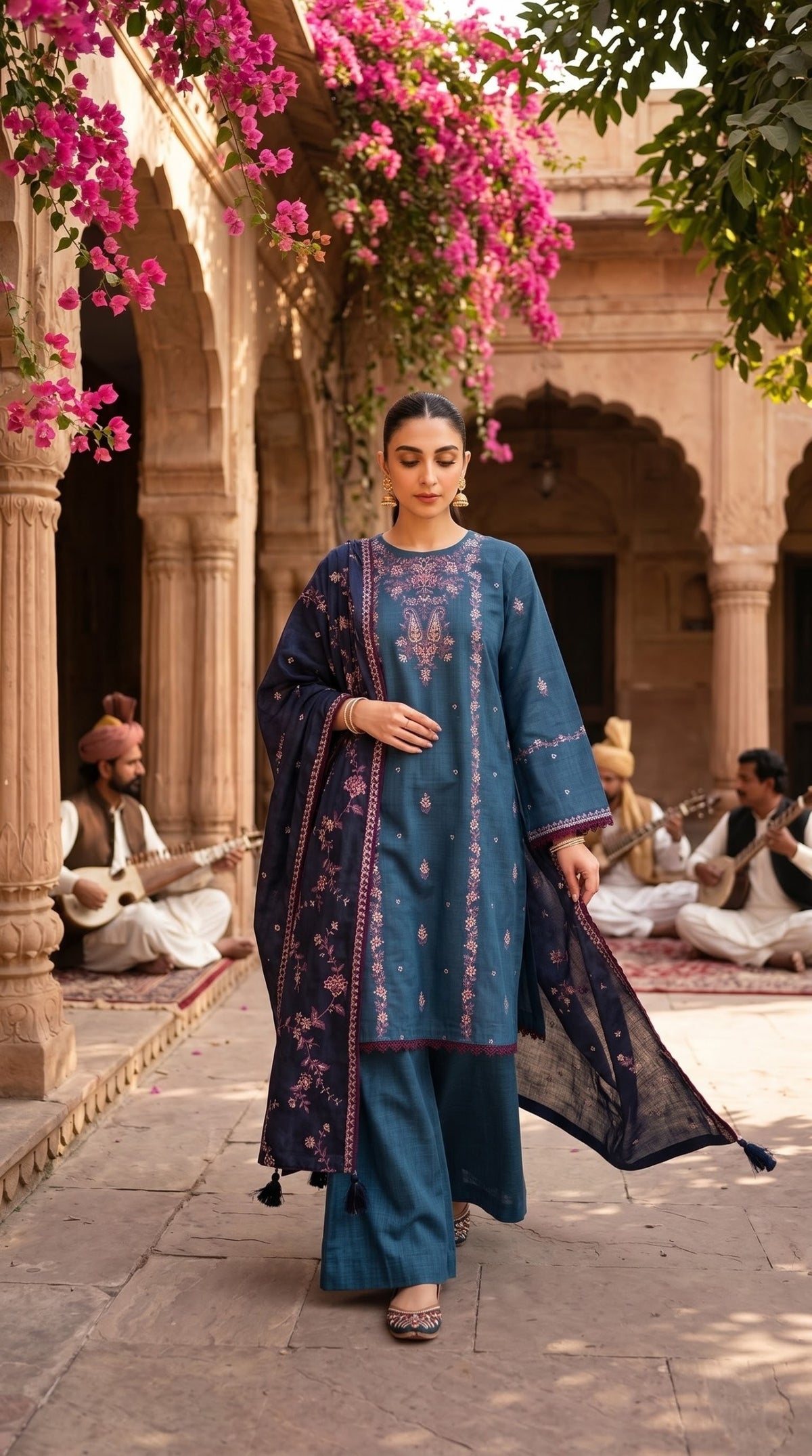Sapphire Embroidered Cross Hatch Suit Teal Blue - Front