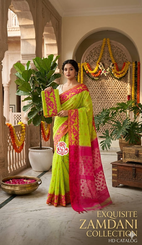 Soft Jamdani Saree - Lime Green & Pink