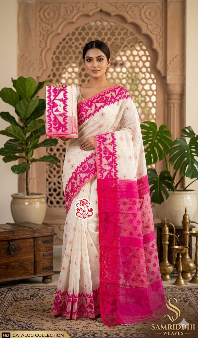 Soft Jamdani Saree - Off White & Magenta