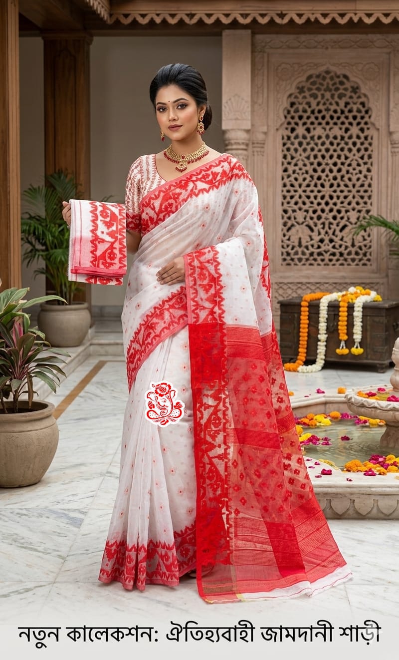 Soft Jamdani Saree - White & Red