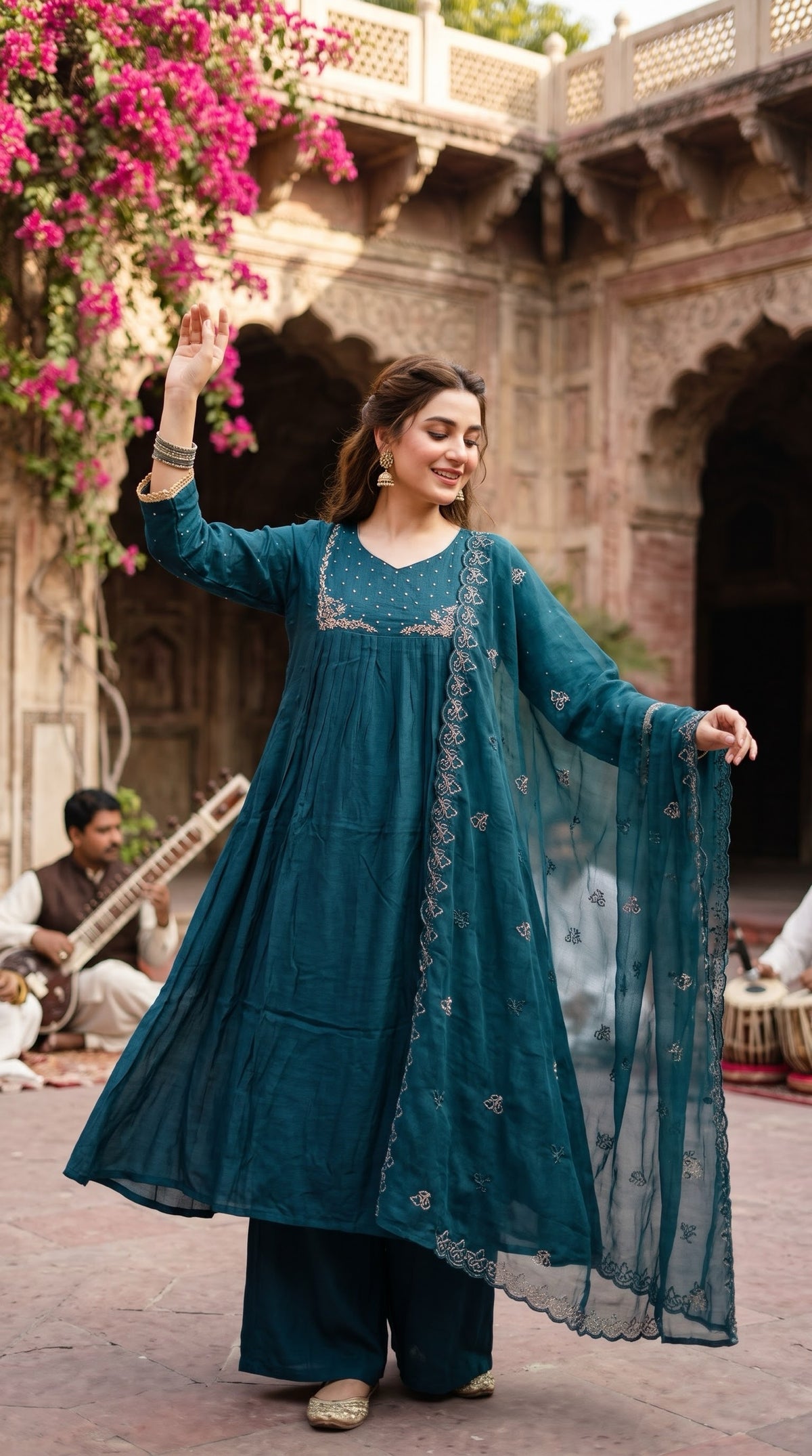 Teal blue embroidered kurta palazzo set with dupatta
