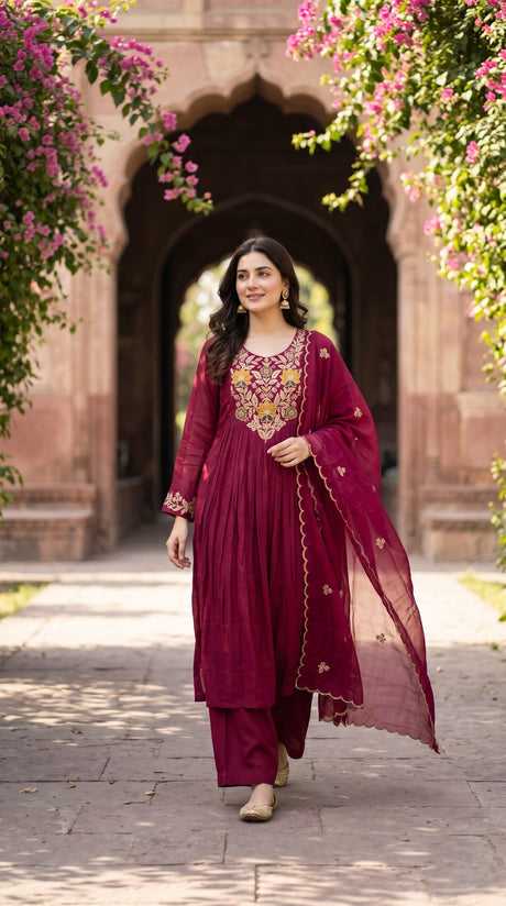 Wine Maroon Embroidered Kurta Set - Delhi Boutique