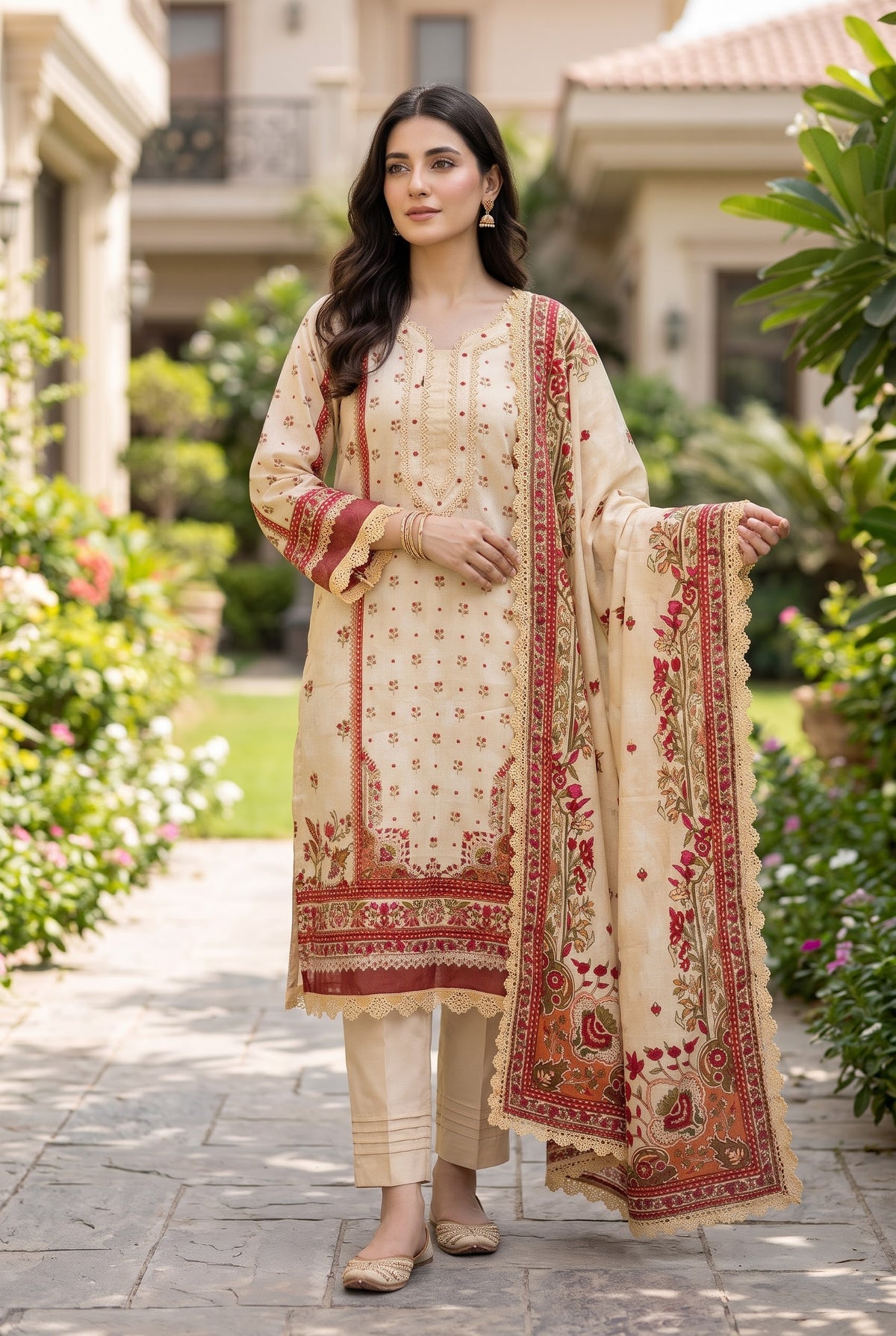 Zellbury Volume 2 beige maroon printed stitched lawn suit
