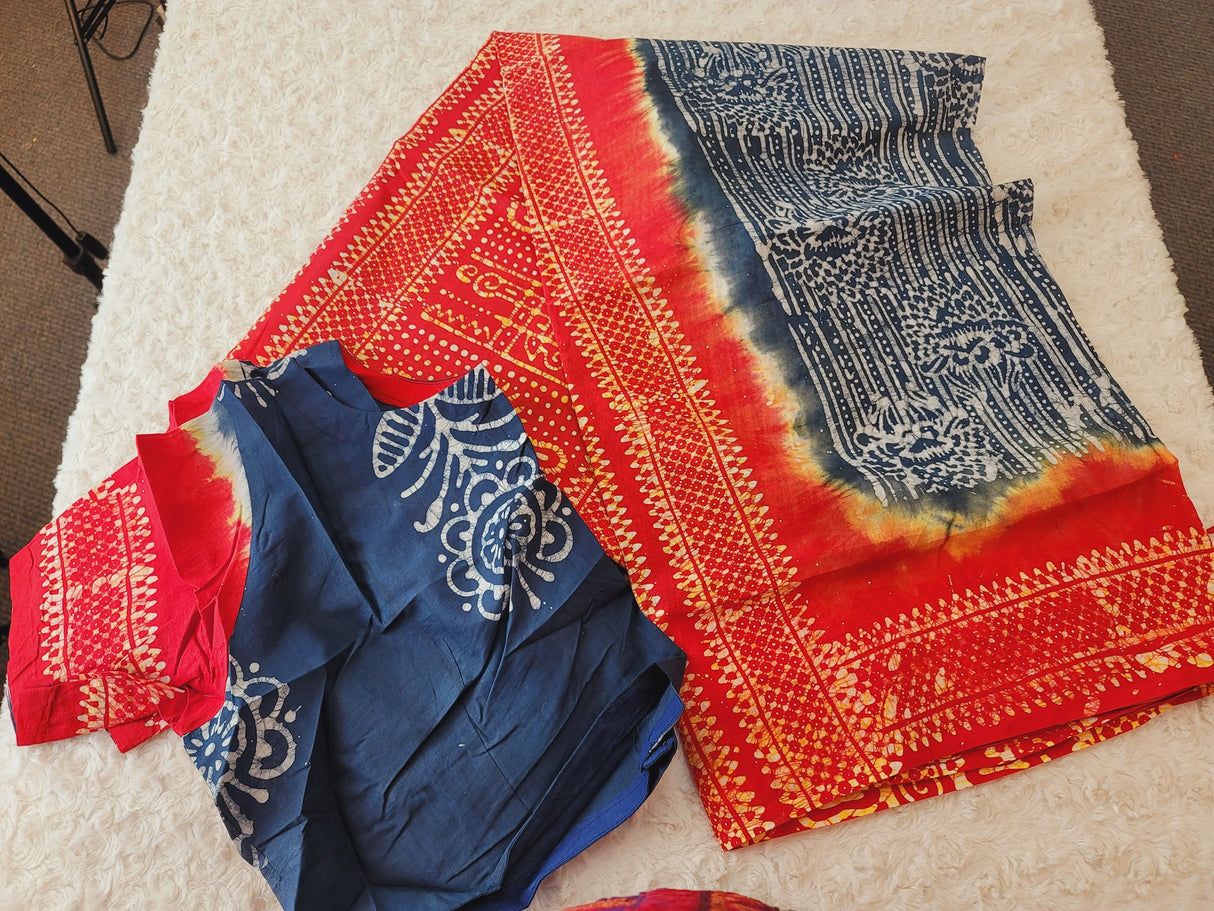 Cotton batik saree with stiched blouse