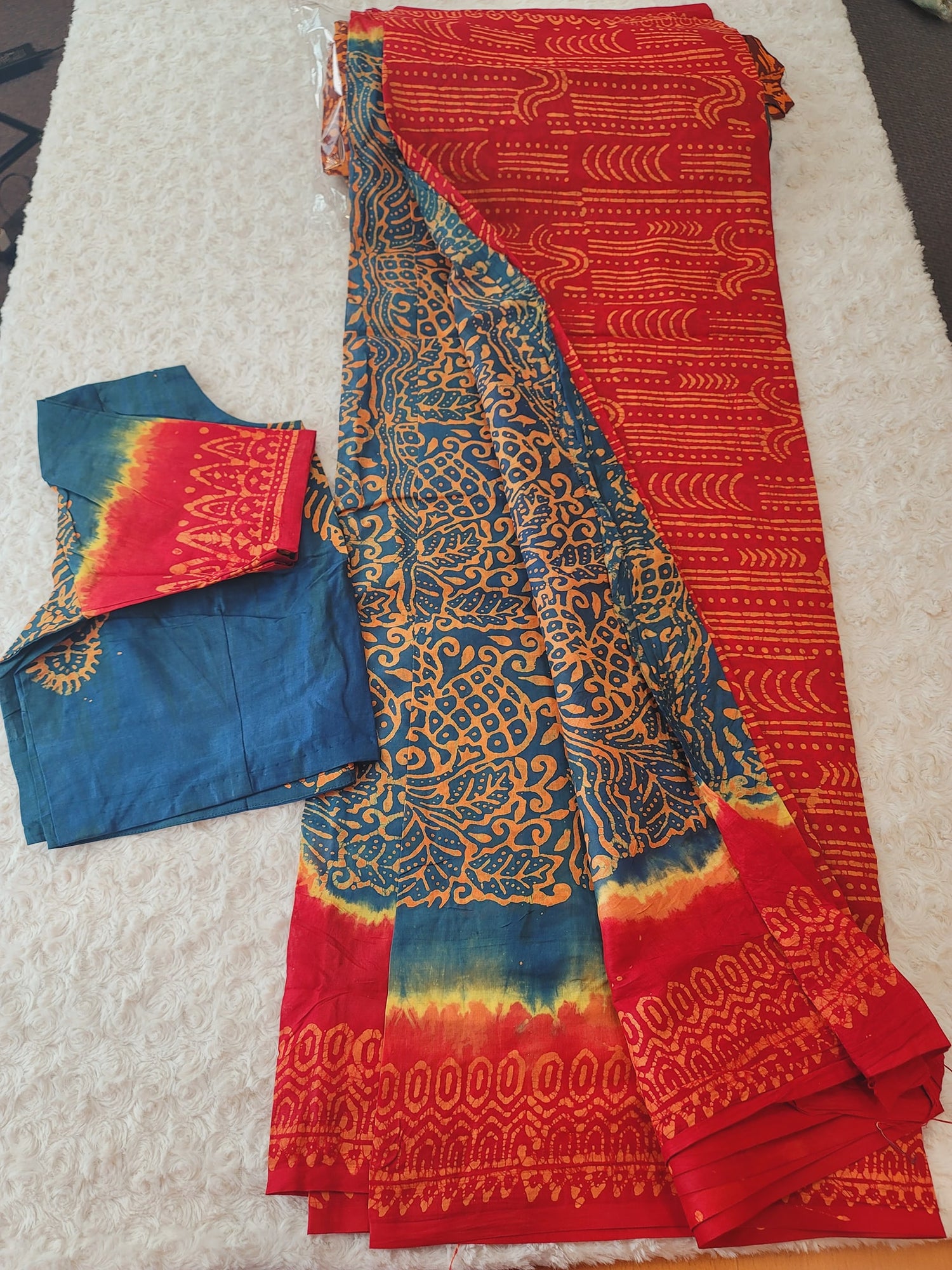 Cotton batik saree with stiched blouse