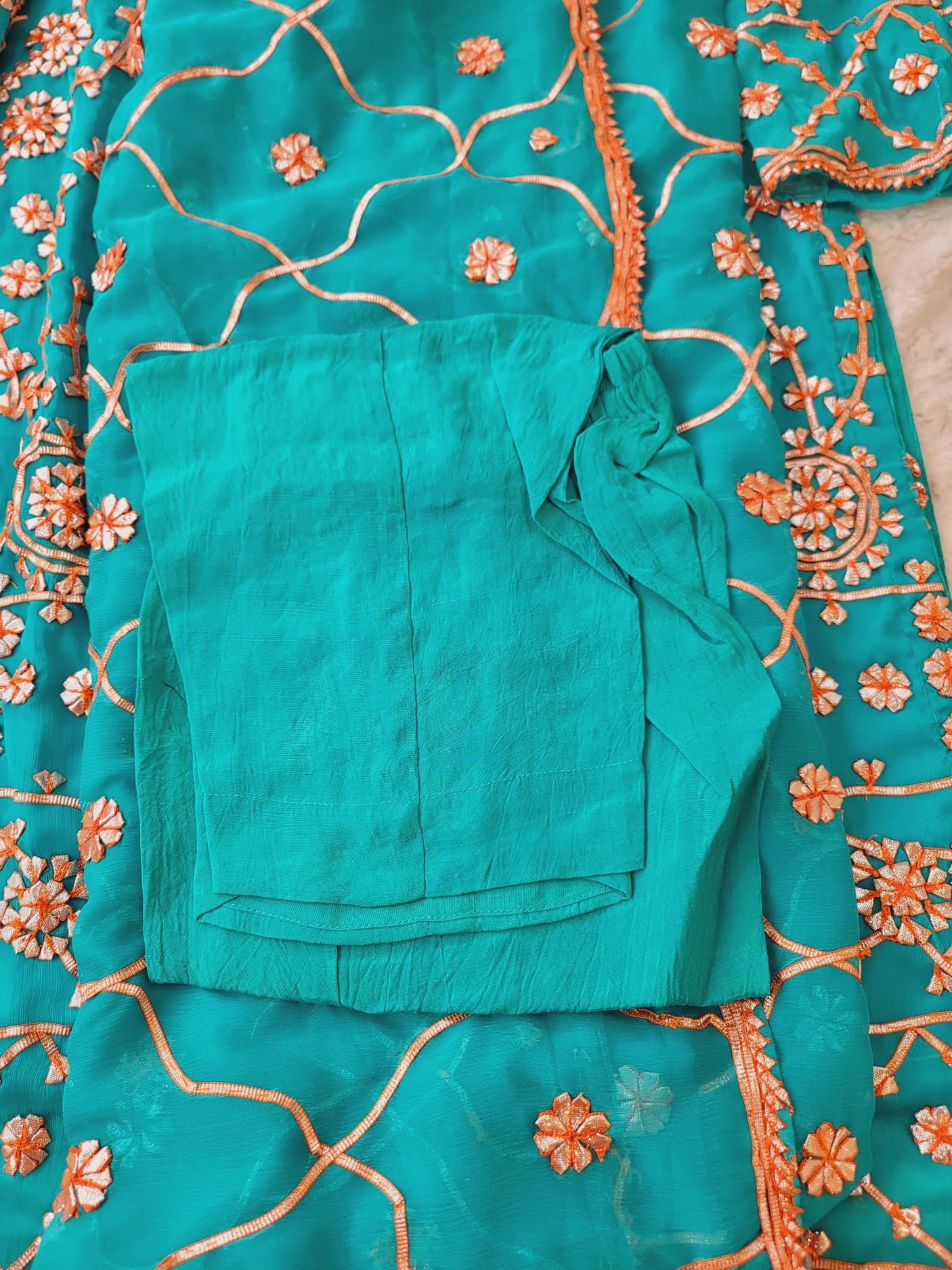 Pure chiffon multani dress with raw silk dupatta.(full work dupattas)
