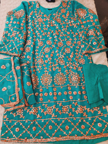 Pure chiffon multani dress with raw silk dupatta.(full work dupattas)