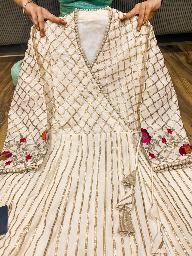 Premium heavy cotton Anrakha pattern gown with heavy gota in front & back both side with heavy embroidery in sleeves & bottom of dress