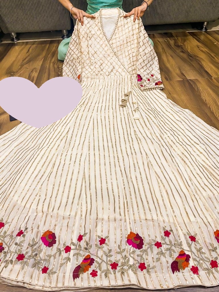 Premium heavy cotton Anrakha pattern gown with heavy gota in front & back both side with heavy embroidery in sleeves & bottom of dress