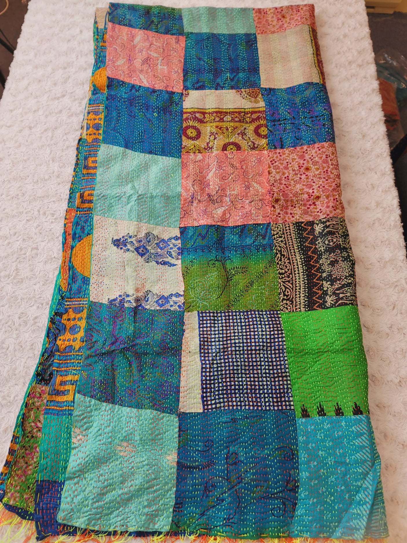 Pure hand stitched, math-stitch silk stoles which can be carried both ways!