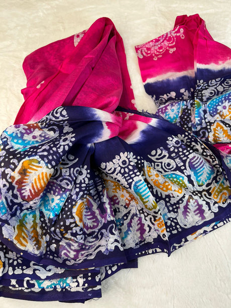 Raw Silk Batik Saree with stitched blouse