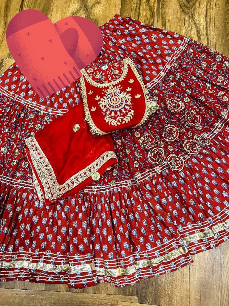 Premium cotton kalamkari print  peplum detailed with beautiful work  on yoke with heavy gota work & beautiful tassles . Premium cotton kalamkari & block print  skirt with heavy gota detailing.  Premium chiffon dupatta with gota lace & gota flower