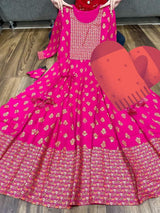 Premium reyon anarkali gown with gold liquid zari with block print with tassles  Complimentary mask