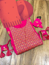 Premium reyon anarkali gown with gold liquid zari with block print with tassles  Complimentary mask