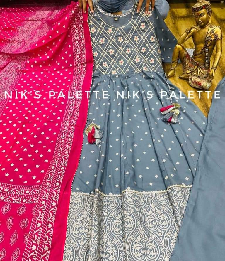 Premium Rayon beautiful anarkali foil print kurti with gota work on yoke with tassels  Premium rayon pant  & cotton foil print dupatta