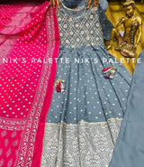 Premium Rayon beautiful anarkali foil print kurti with gota work on yoke with tassels  Premium rayon pant  & cotton foil print dupatta