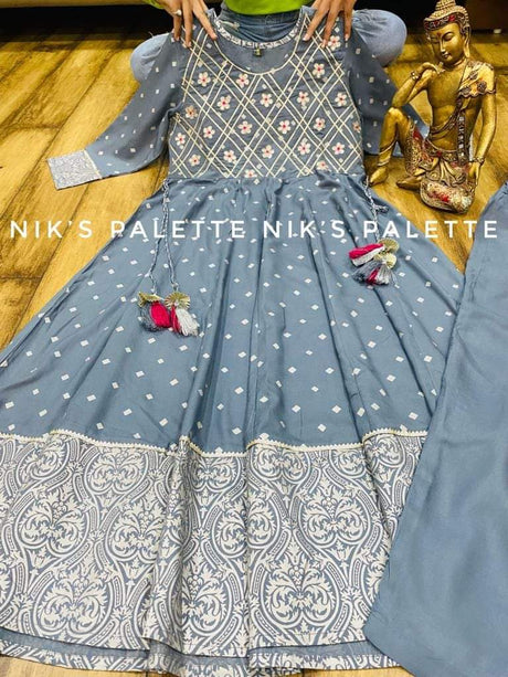 Premium Rayon beautiful anarkali foil print kurti with gota work on yoke with tassels  Premium rayon pant  & cotton foil print dupatta