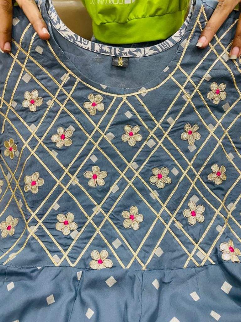 Premium Rayon beautiful anarkali foil print kurti with gota work on yoke with tassels  Premium rayon pant  & cotton foil print dupatta