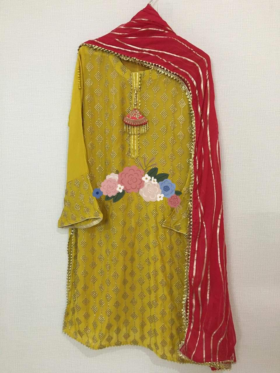 Pure Chinon kurta With Elegant Gotta Zari Work All Over And Beautiful Zari Sequence Hand Work Tassel On Neck  Pure Chiffon Full Size Dupatta With Beautiful Foil Work  Pure Chinon Stitched Garara With Attached Lining And Beautiful Dew Drops And Gotta Work