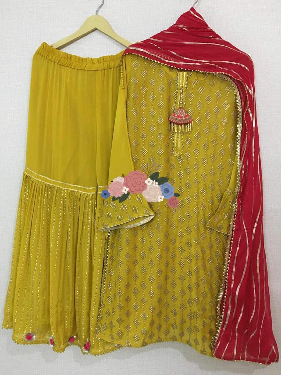 Pure Chinon kurta With Elegant Gotta Zari Work All Over And Beautiful Zari Sequence Hand Work Tassel On Neck  Pure Chiffon Full Size Dupatta With Beautiful Foil Work  Pure Chinon Stitched Garara With Attached Lining And Beautiful Dew Drops And Gotta Work