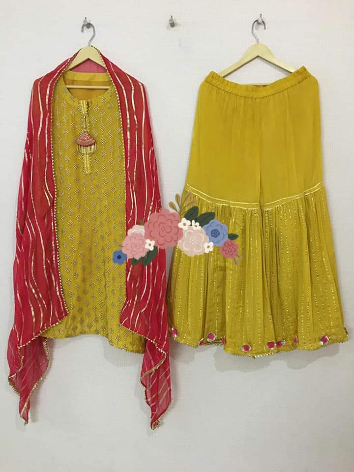 Pure Chinon kurta With Elegant Gotta Zari Work All Over And Beautiful Zari Sequence Hand Work Tassel On Neck  Pure Chiffon Full Size Dupatta With Beautiful Foil Work  Pure Chinon Stitched Garara With Attached Lining And Beautiful Dew Drops And Gotta Work