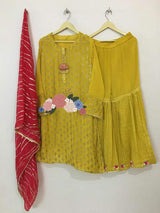 Pure Chinon kurta With Elegant Gotta Zari Work All Over And Beautiful Zari Sequence Hand Work Tassel On Neck  Pure Chiffon Full Size Dupatta With Beautiful Foil Work  Pure Chinon Stitched Garara With Attached Lining And Beautiful Dew Drops And Gotta Work