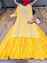 Premium maslin kurti with heavy gota work with attached cotton long gown with cotton duppata detailed with gota work